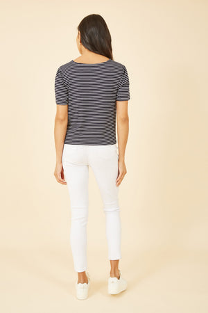 Yumi Navy Striped Jersey Button Detail Top