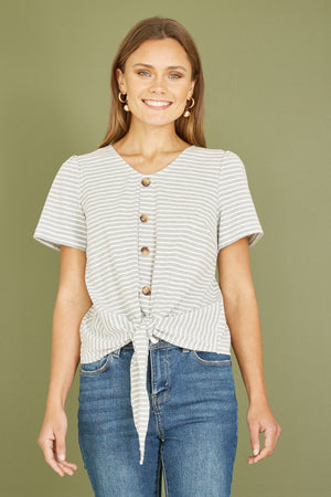Yumi Grey Striped Jersey Button Detail Top
