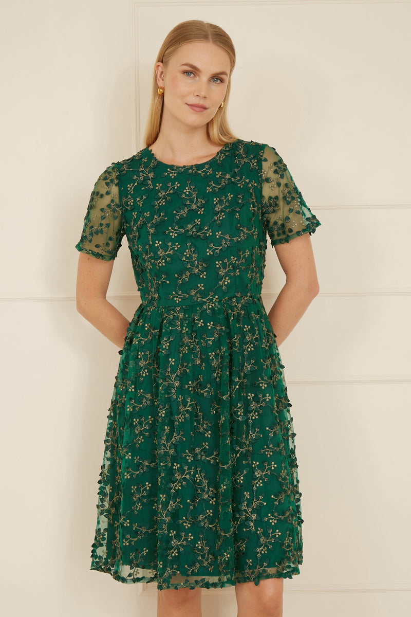 Yumi Green Embroidered Floral Skater Dress