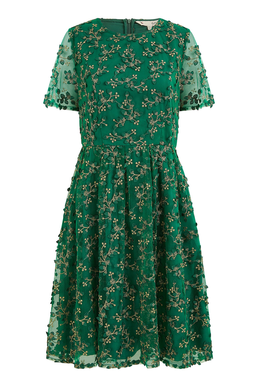 Yumi Green Embroidered Floral Skater Dress