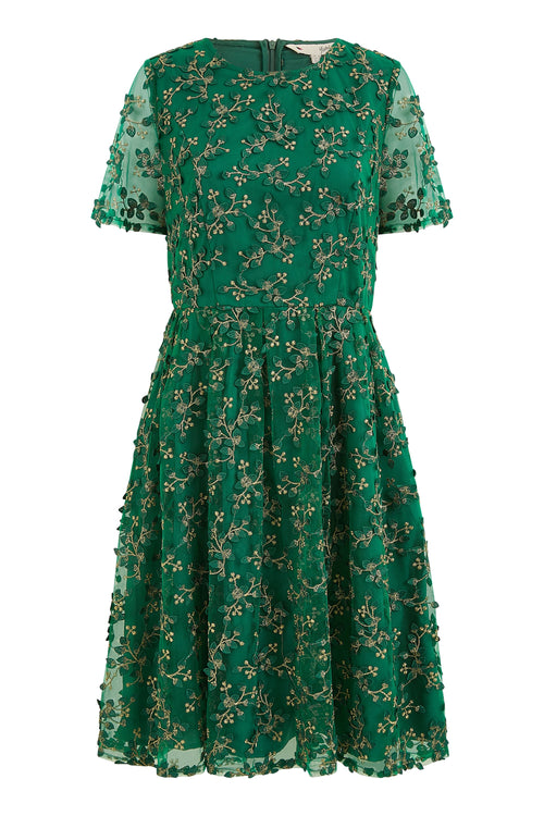 Yumi Green Embroidered Floral Skater Dress