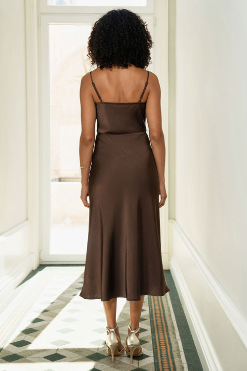 Yumi Brown Satin Cowl Neck Midi Slip Dress