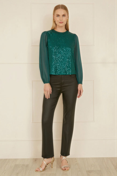 Yumi Green Sequin Top With Sheer Sleeves