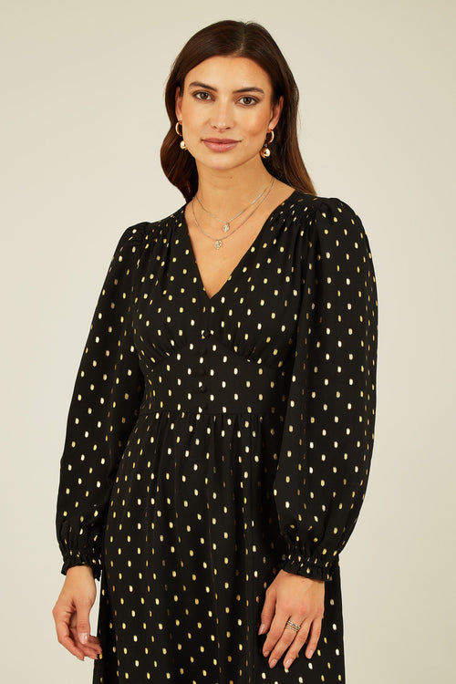 Yumi Black Foil Print Long Sleeve Midi Dress