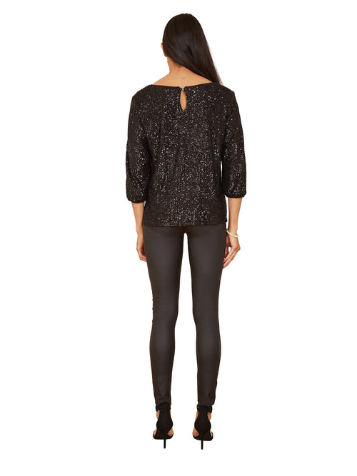 Yumi Black Sequin Sleeve Slit Sleeve Top