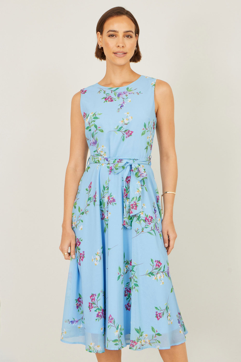 Yumi Blue Floral Print Midi Skater Dress