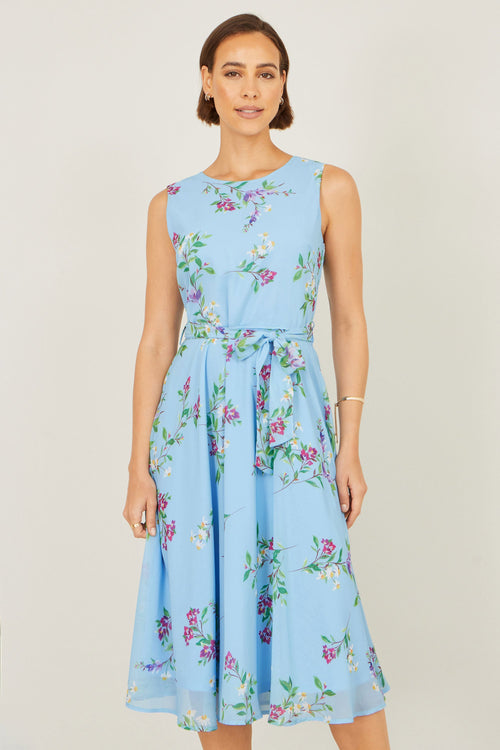 Yumi Blue Floral Print Midi Skater Dress