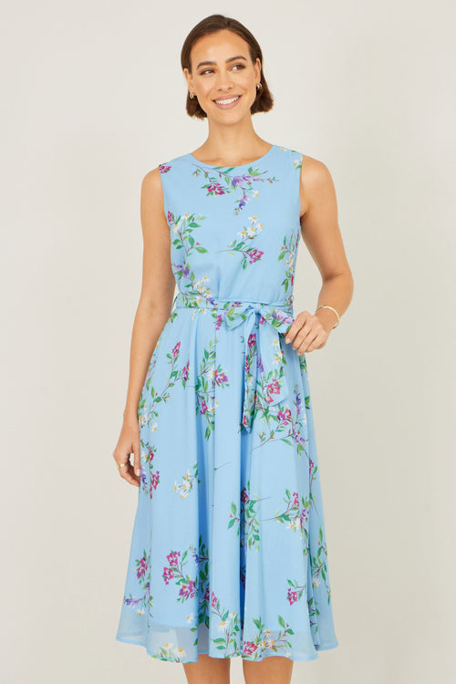 Yumi Blue Floral Print Midi Skater Dress