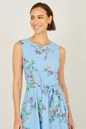 Yumi Blue Floral Print Midi Skater Dress