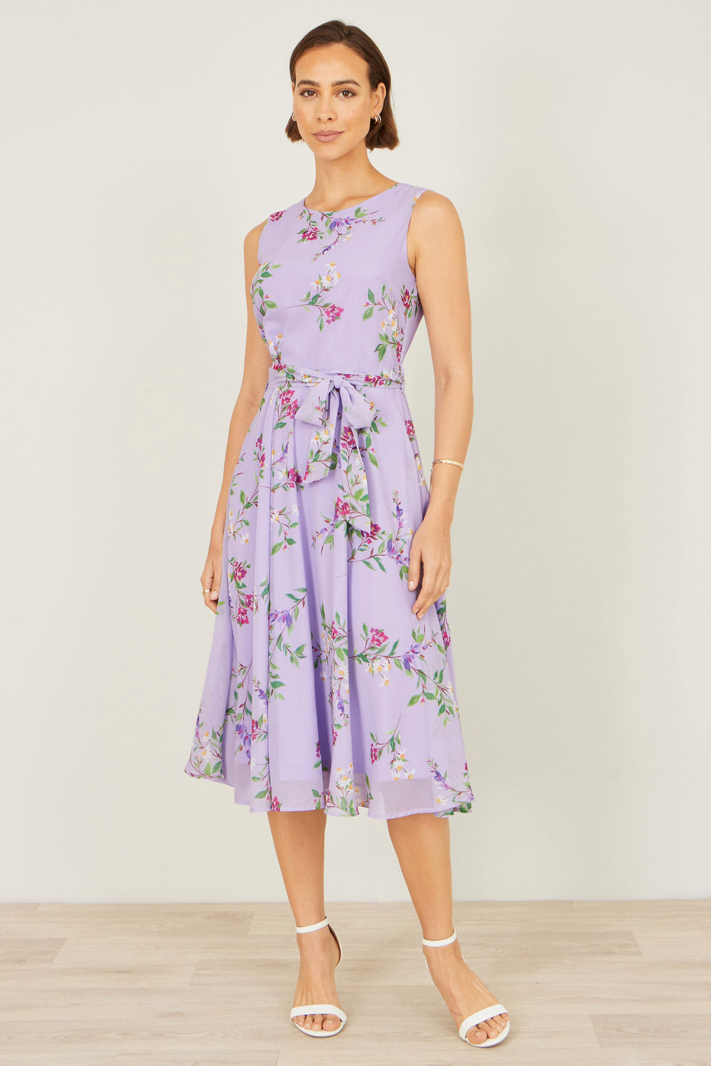 Yumi Lilac Floral Print Midi Skater Dress