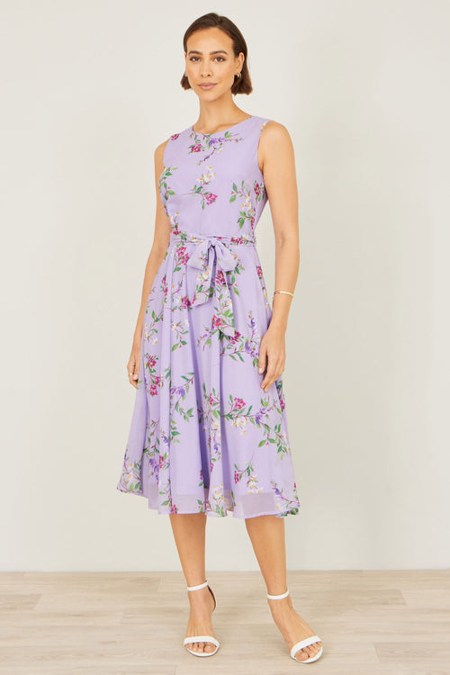 Yumi Lilac Floral Print Midi Skater Dress