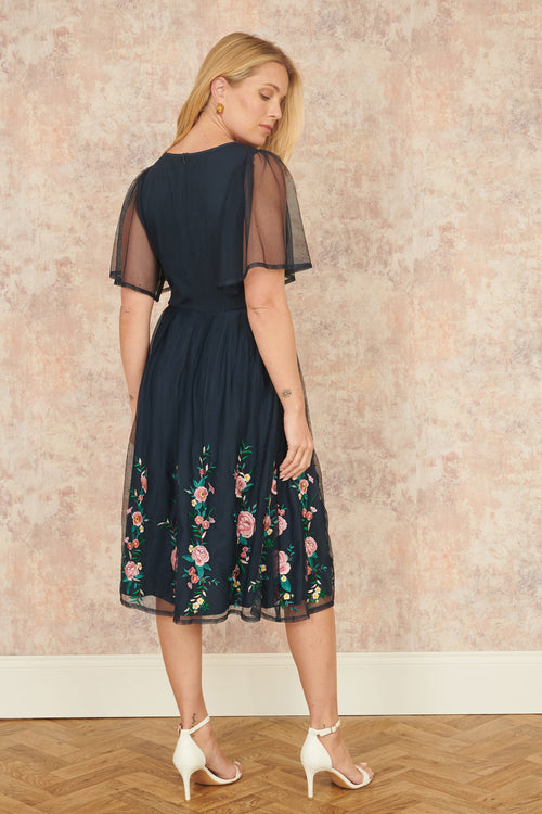 Yumi Navy Embroidered Sleeve Prom Skater Dress