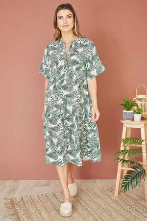 Yumi Green Organic Cotton Palm Print Tiered Tunic Dress