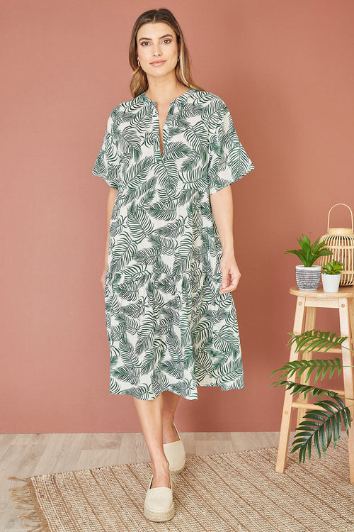 Yumi Green Organic Cotton Palm Print Tiered Tunic Dress
