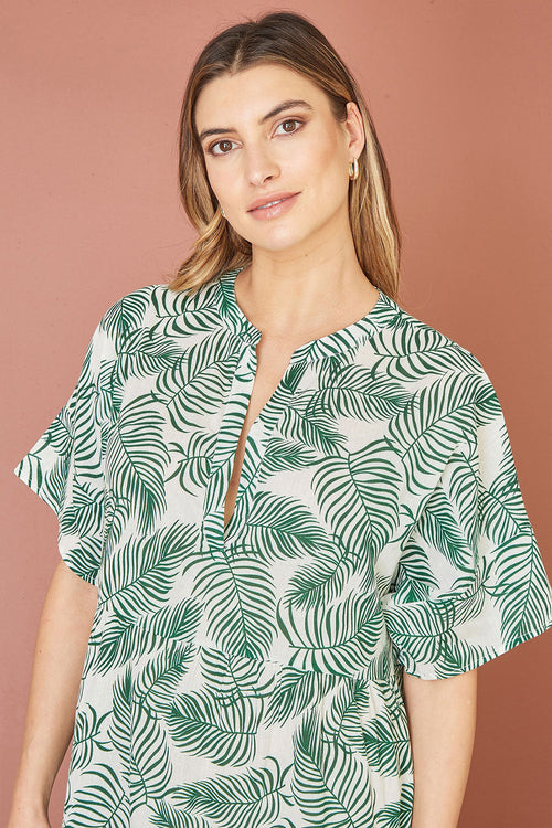 Yumi Green Organic Cotton Palm Print Tiered Tunic Dress