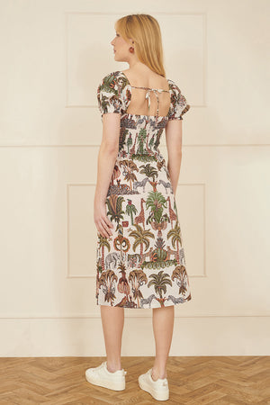 Yumi White Cotton Safari Print Ruched Midi Dress