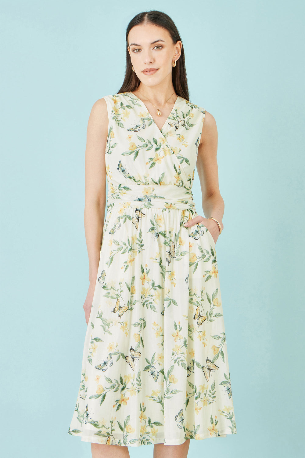 Yumi White Floral Print Mesh Stretch Midi Dress With Pockets
