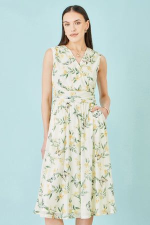 Yumi White Floral Print Mesh Stretch Midi Dress With Pockets