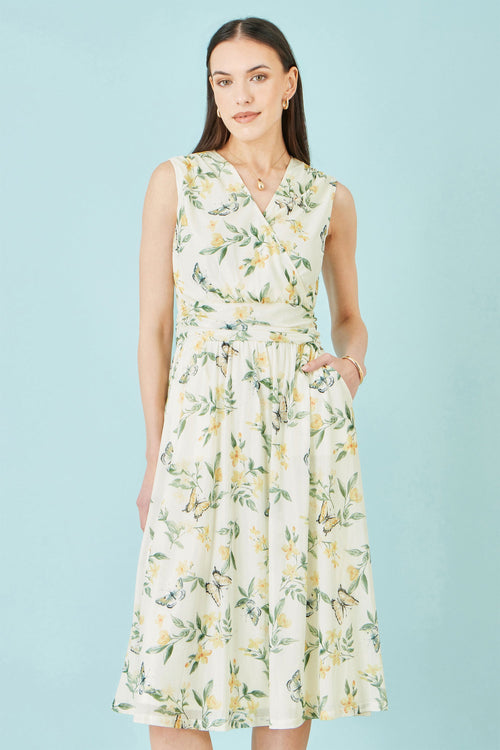 Yumi White Floral Print Mesh Stretch Midi Dress With Pockets
