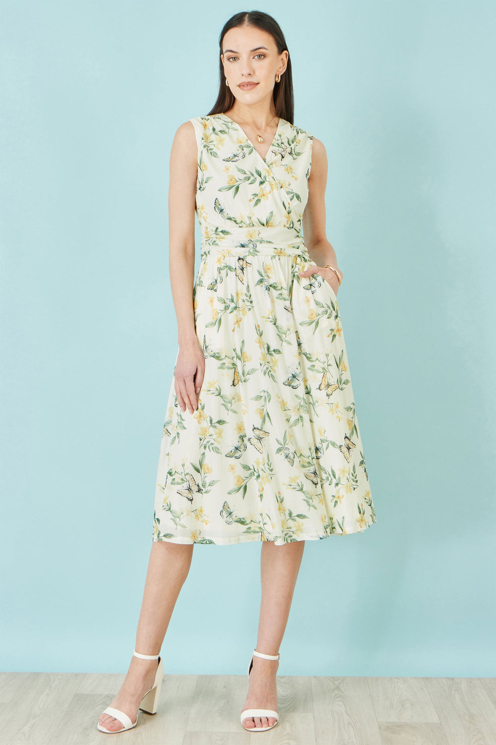 Yumi White Floral Print Mesh Stretch Midi Dress With Pockets