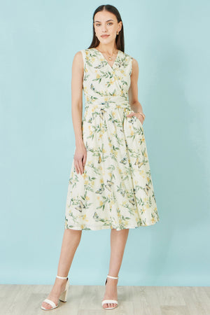 Yumi White Floral Print Mesh Stretch Midi Dress With Pockets