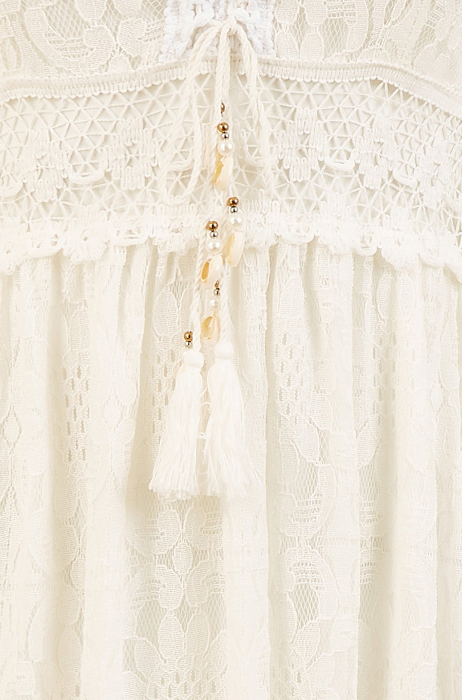 Yumi White Lace Midi Sundress With Tassel Tie and Ruched Back