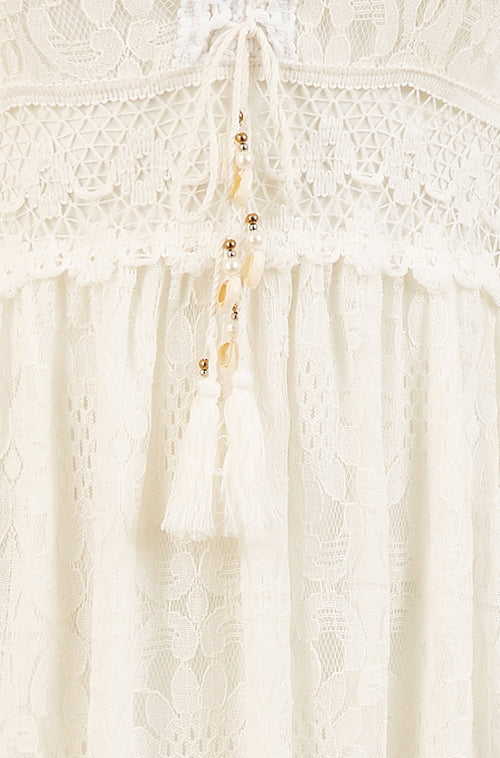 Yumi White Lace Midi Sundress With Tassel Tie and Ruched Back
