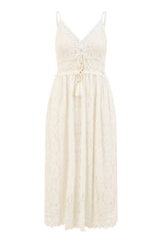Yumi White Lace Midi Sundress With Tassel Tie and Ruched Back