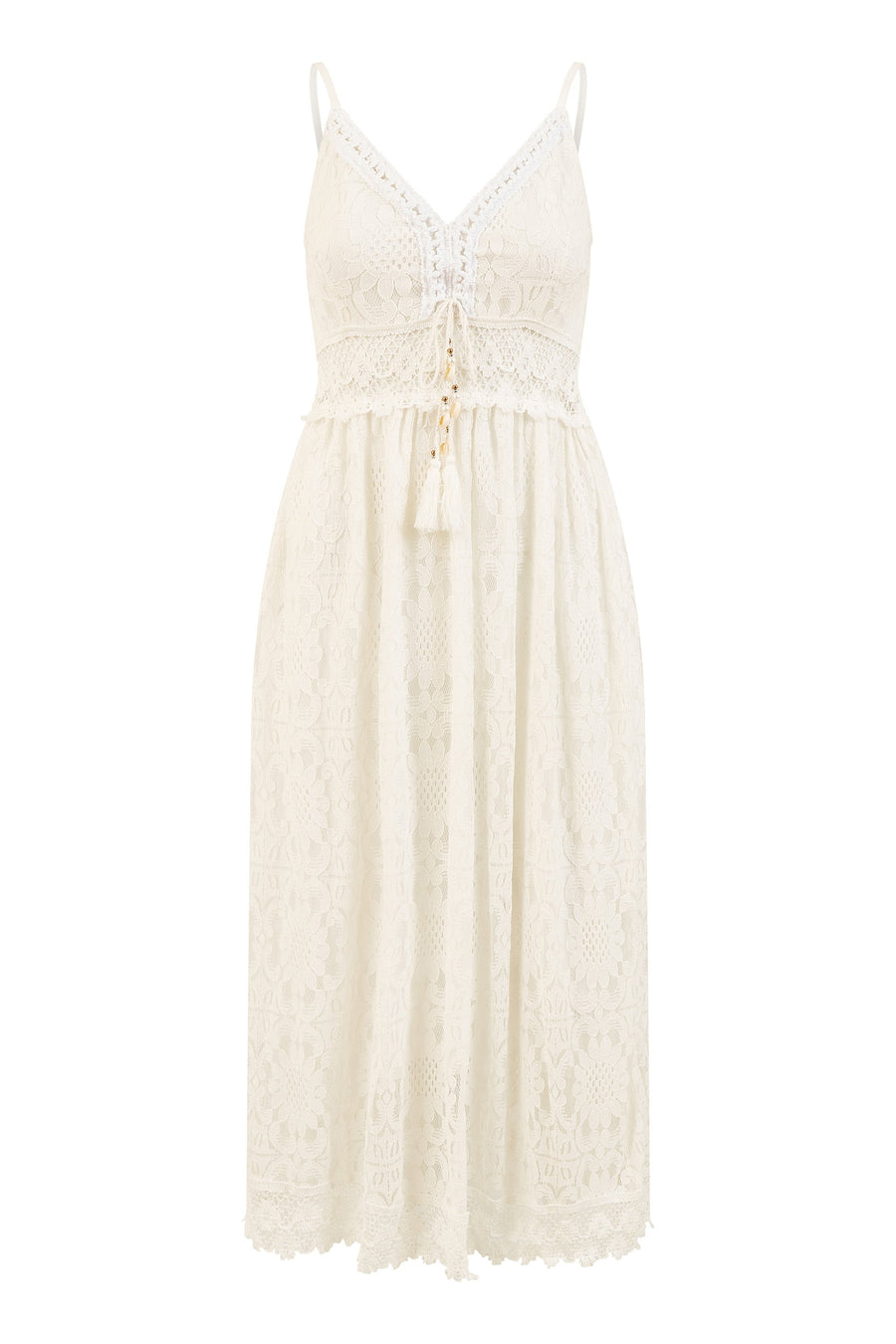 Yumi White Lace Midi Sundress With Tassel Tie and Ruched Back