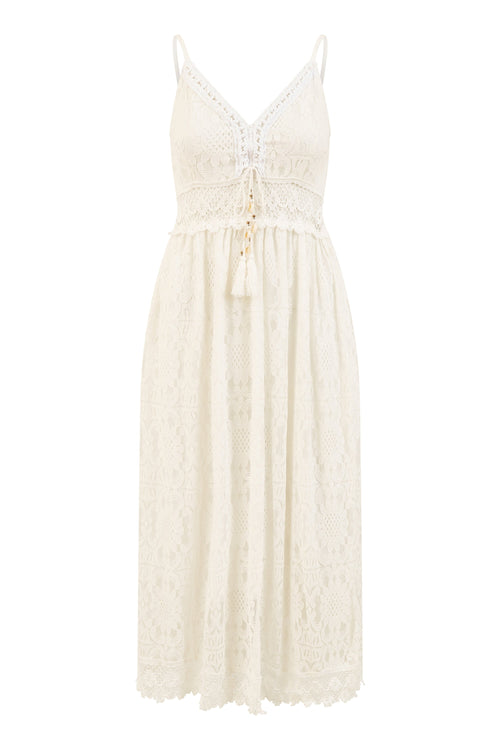Yumi White Lace Midi Sundress With Tassel Tie and Ruched Back