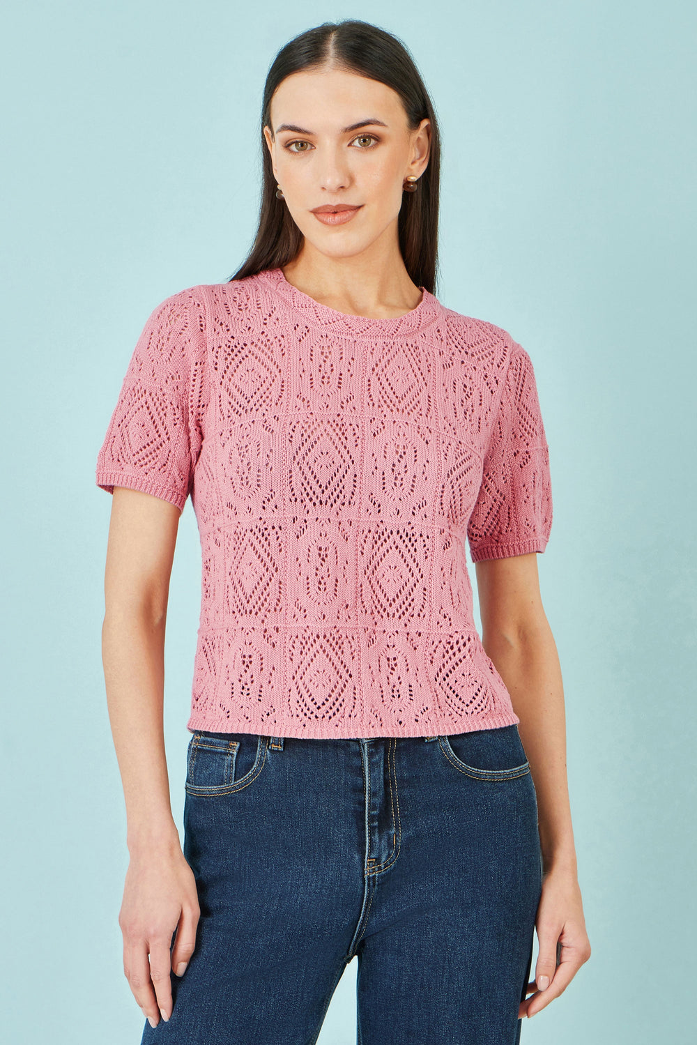 Yumi Pink Cotton Crochet Knitted Top