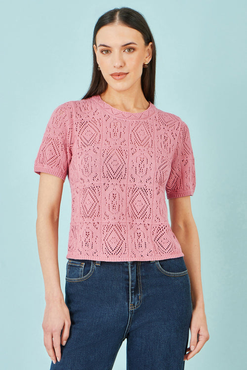 Yumi Pink Cotton Crochet Knitted Top