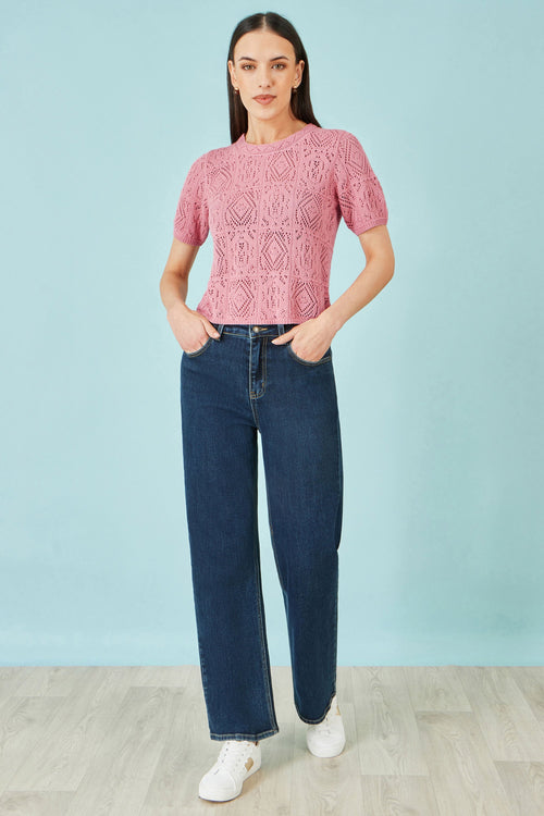 Yumi Pink Cotton Crochet Knitted Top