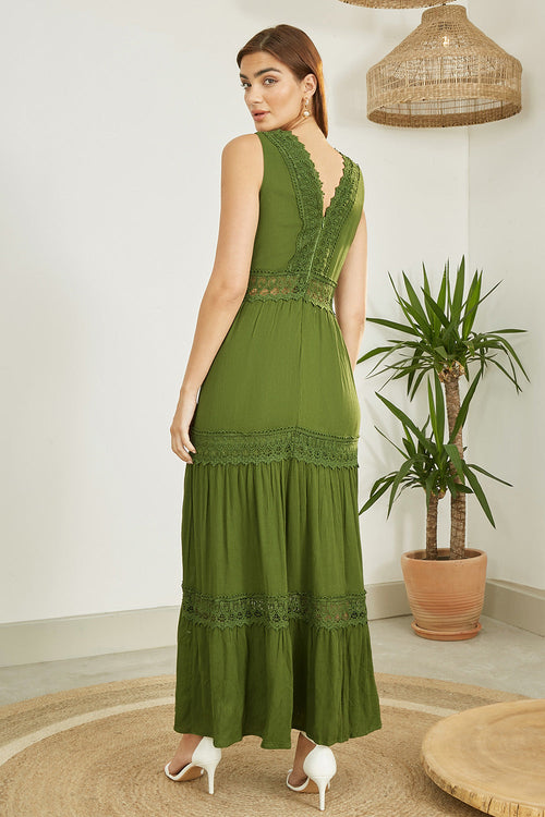 Yumi Green Lace Trim Cotton Midi Sun Dress
