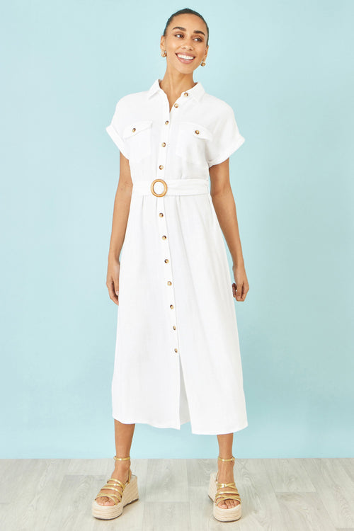 Yumi White Viscose Linen Look Midi Shirt Dress With Wooden Belt