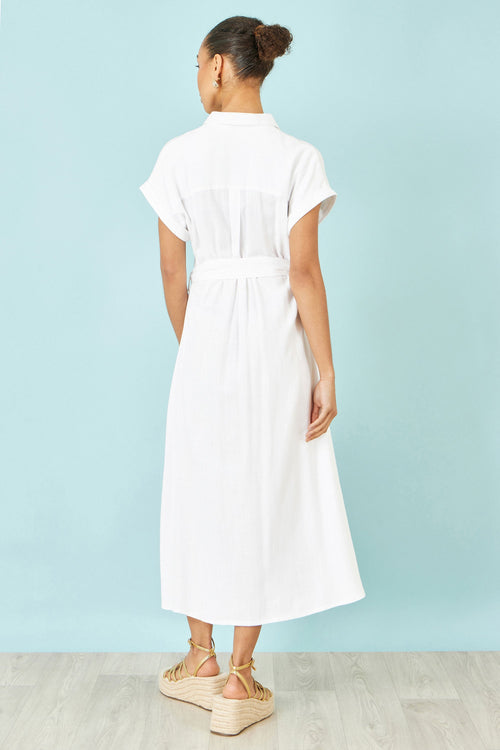 Yumi White Viscose Linen Look Midi Shirt Dress With Wooden Belt