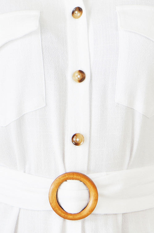 Yumi White Viscose Linen Look Midi Shirt Dress With Wooden Belt