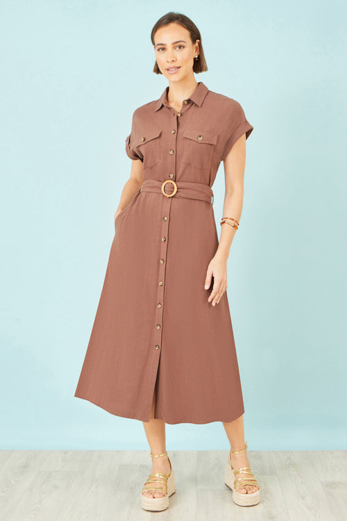 Yumi Brown Viscose Linen Look Midi Shirt Dress With Wooden Belt