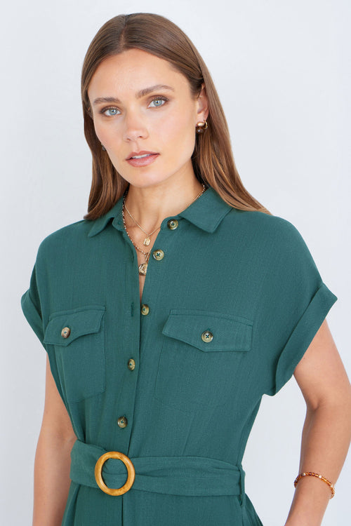 Yumi Green Viscose Linen Look Midi Shirt Dress With Wooden Belt