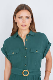 Yumi Green Viscose Linen Look Midi Shirt Dress With Wooden Belt