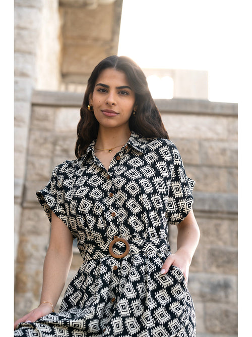 Yumi Black Viscose Midi Shirt Dress With Matching Belt