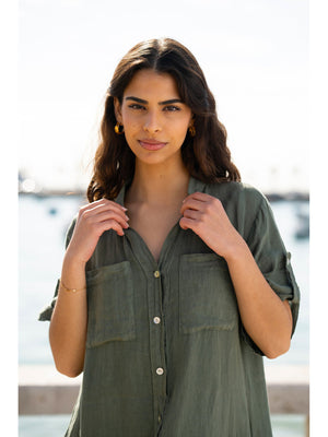 Yumi Khaki Italian Linen Shirt Dress With Frill Hem