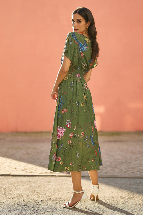 Yumi Green Bird and Floral Print Ruched Waist Kimono Midi Dress