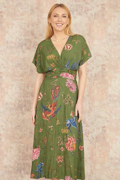 Yumi Green Bird and Floral Print Ruched Waist Kimono Midi Dress