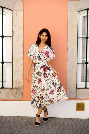 Yumi Ivory Bird and Floral Print Ruched Waist Kimono Midi Dress