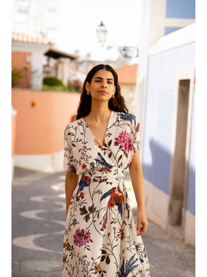 Yumi Ivory Bird and Floral Print Ruched Waist Kimono Midi Dress
