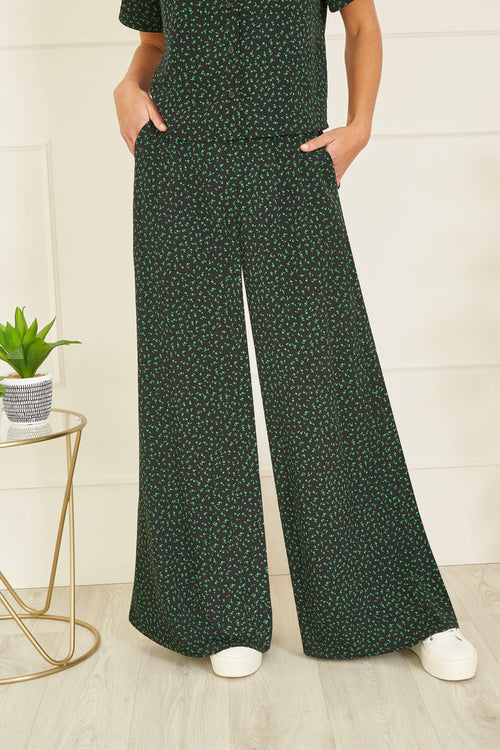 Yumi Black Ditsy Floral Print Relaxed Wide Leg Trousers