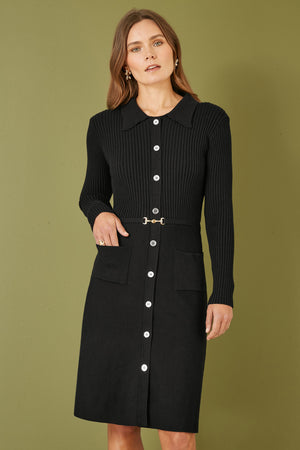 Yumi Black Rib Knit Midi Shirt Dress With Snaffle Belt