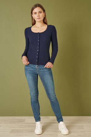 Yumi Navy Fitted Rib Button Up Cardigan