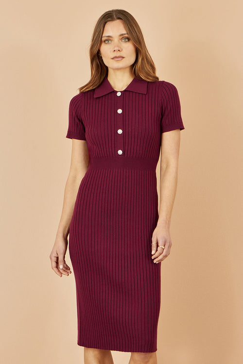 Yumi Burgundy Fitted Rib Knitted Midi Dress With Daisy Buttons